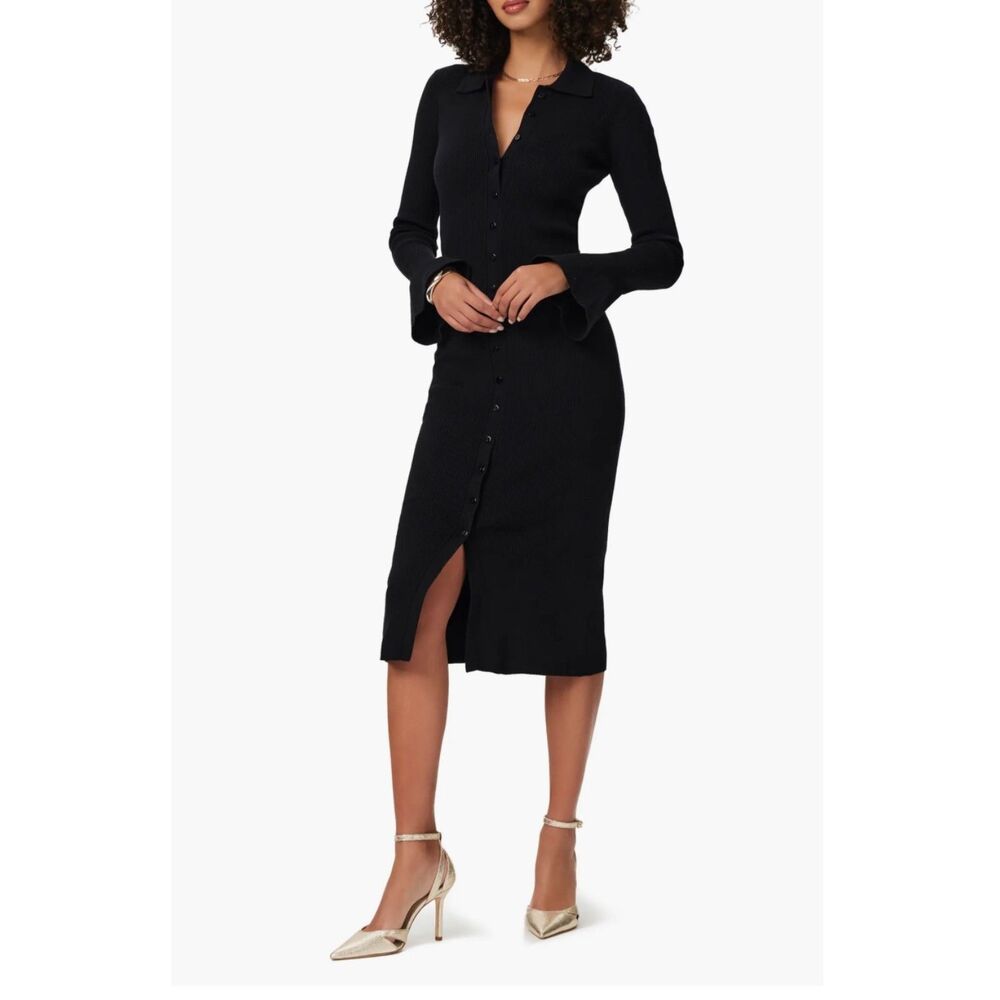 PAIGE Sundara Midi Dress S Black Ribbed Knit Button Front Bell Sleeve Silk